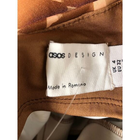 ASOS Design Dress Peekaboo Shoulder Tuck Pencil Midi Geo Print Brown Tan 0 NWOY - Picture 8 of 10